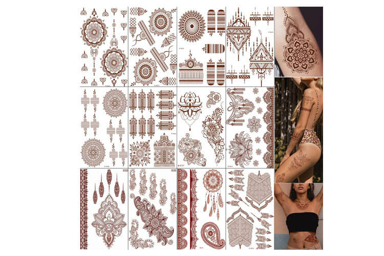 12 Sheets Brown Henna Tattoo Kit Stencil
